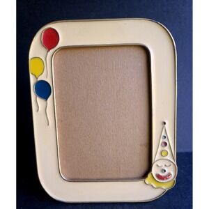 Vintage Clown and Balloons Enameled Metal Picture Frame Cream Gold Trim 5x7"